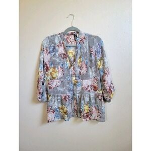 BKE Boutique Women's Blouse Top 3/4‎ Sleeve Floral Sheer Pleated Gray XS